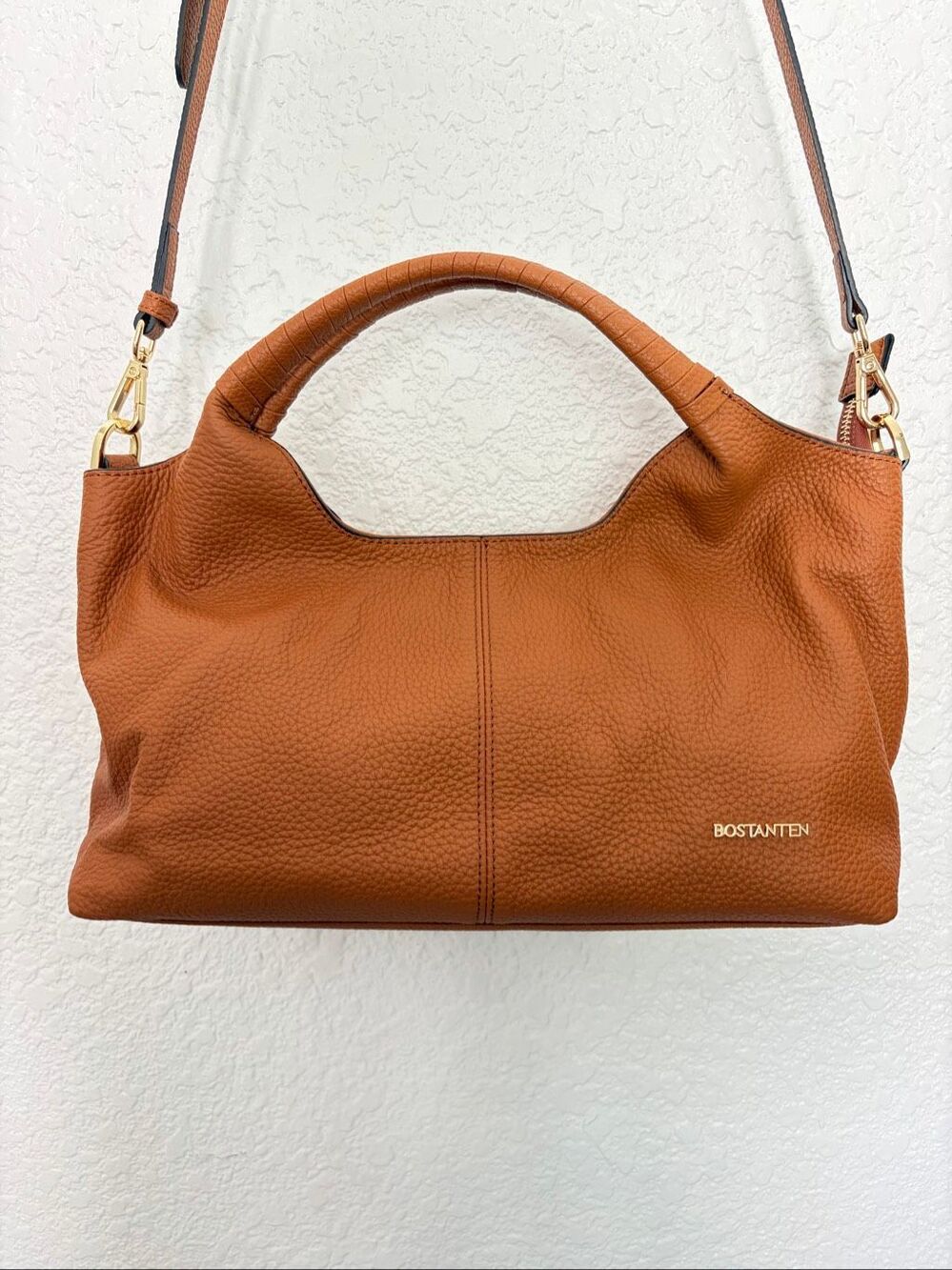 BOSTANTEN Nevin Cognac Pebbled Leather Satchel Crossbody Bag NWOT - Picture 7 of 12